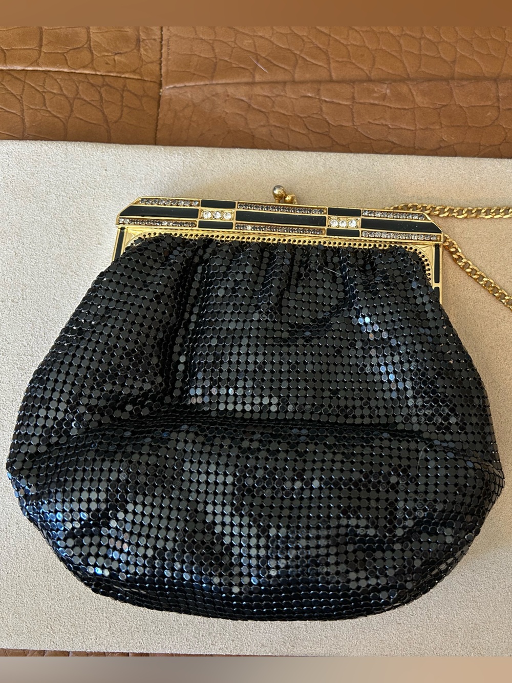 Whiting and Davis black and gold mesh Evening Bag with Gold Chain